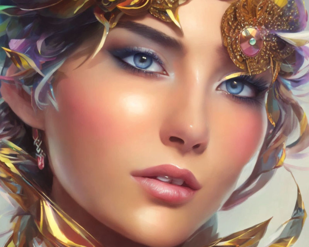 Close-up digital portrait: Woman with blue eyes, ornate feather-like headgear & golden brooch