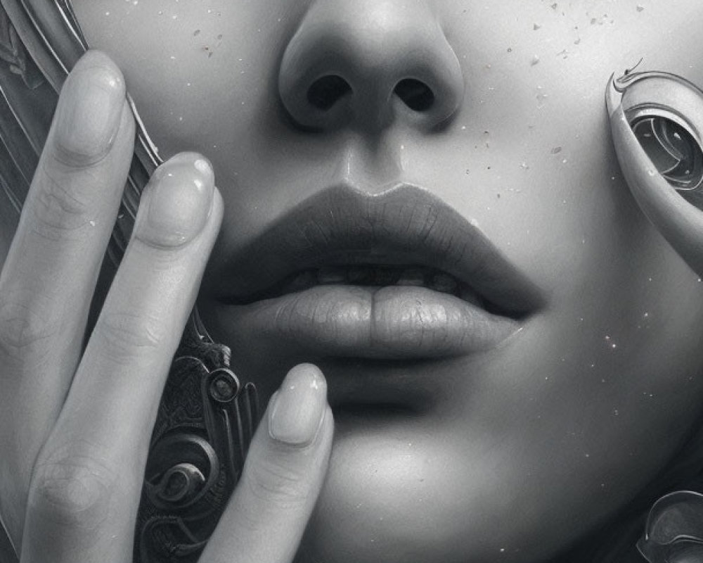 Detailed Monochromatic Artwork of Woman's Face with Mechanical Elements