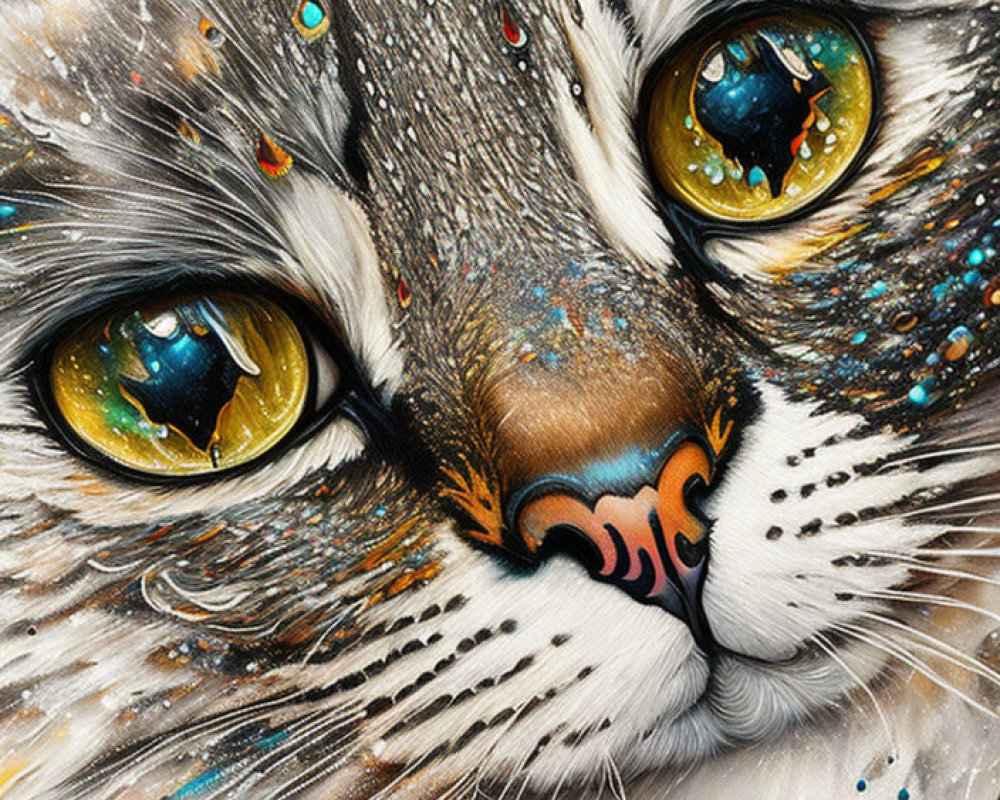 Colorful Close-Up Cat Painting with Intense Yellow Eyes