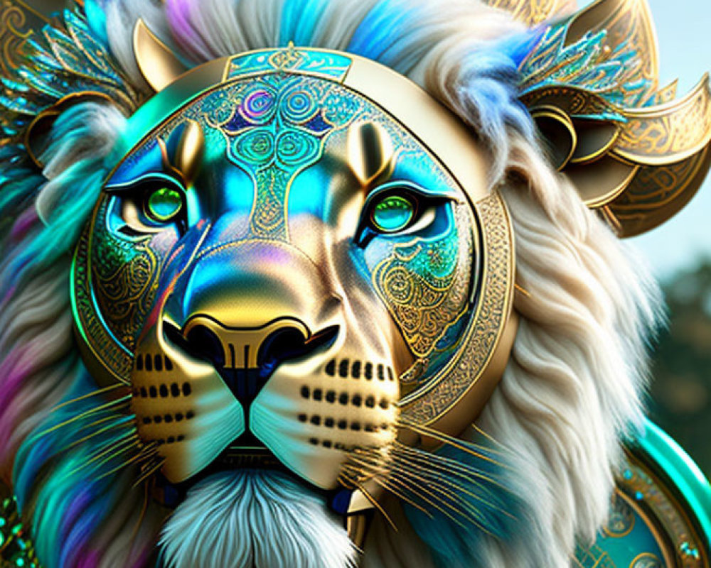 Colorful digital artwork of lion with golden mane and blue patterns on face, teal crown, bokeh