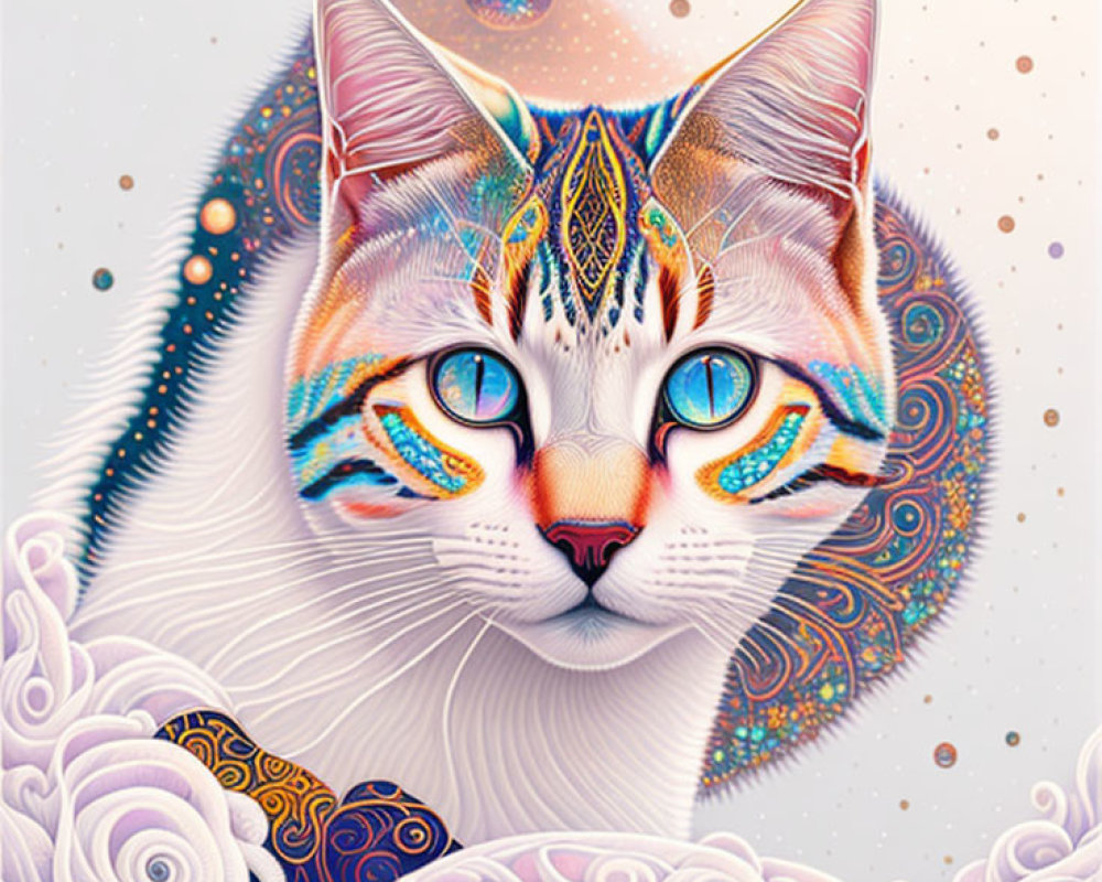 Colorful Cat Illustration with Cosmic Background and Blue Eyes