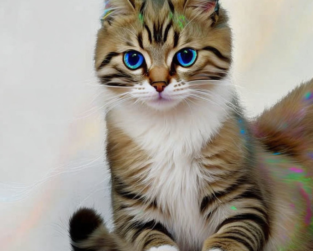 Fluffy tabby cat with blue eyes and iridescent wings on wooden ledge