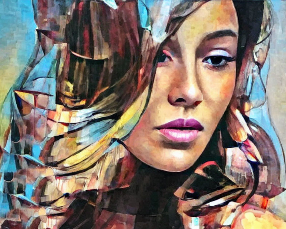 Vibrant Cubist-style portrait of a woman with textured features