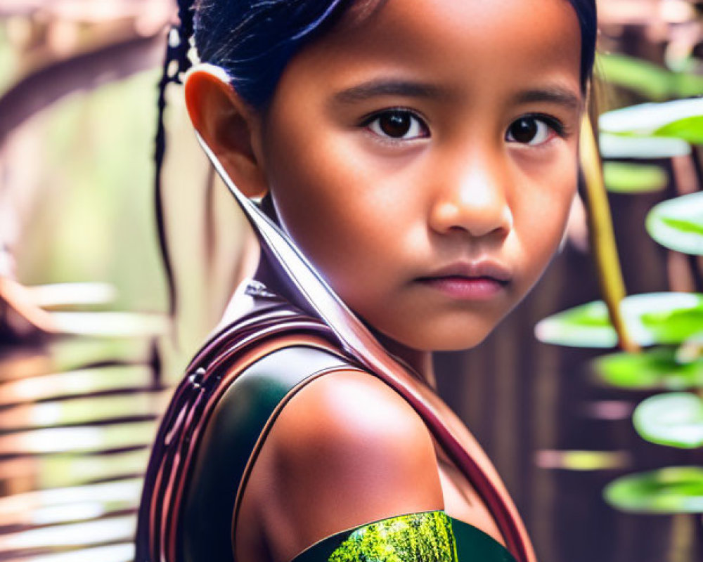 Young girl with slicked back hair in tranquil pool surrounded by greenery