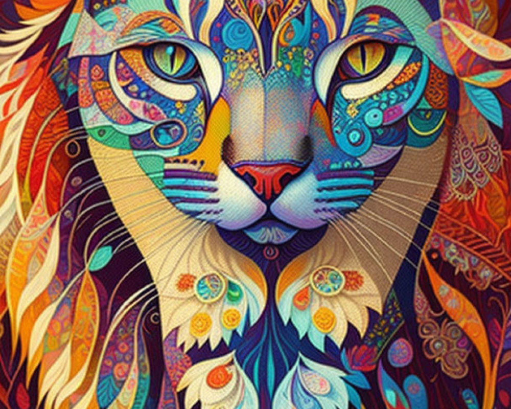 Colorful Intricate Cat Artwork with Detailed Patterns