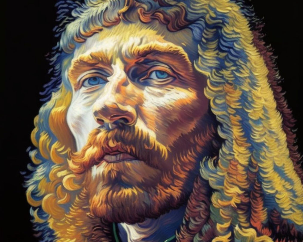 Colorful portrait of man with wavy blonde hair and curly beard on dark backdrop