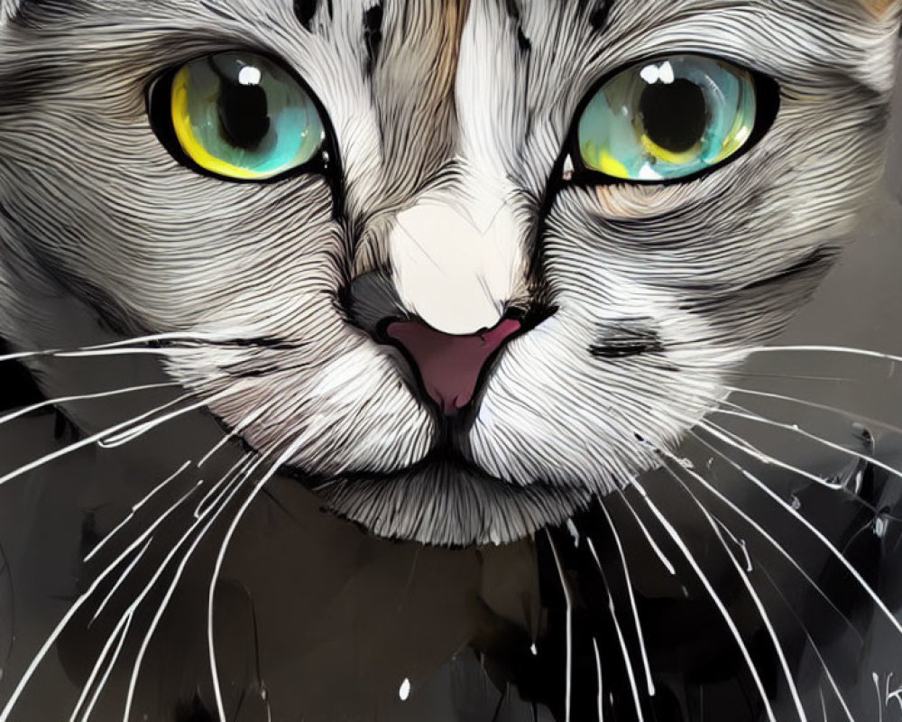 Close-Up Digital Art of Cat's Face with Striking Yellow and Green Eyes