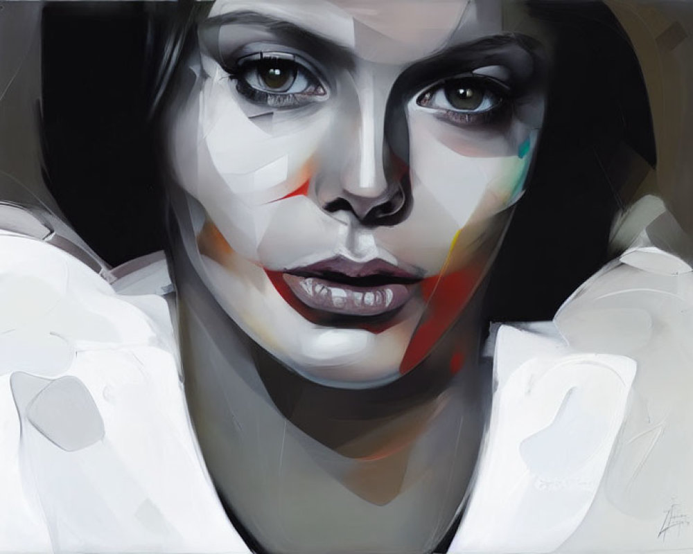 Stylized portrait of a woman in grayscale with splashes of color