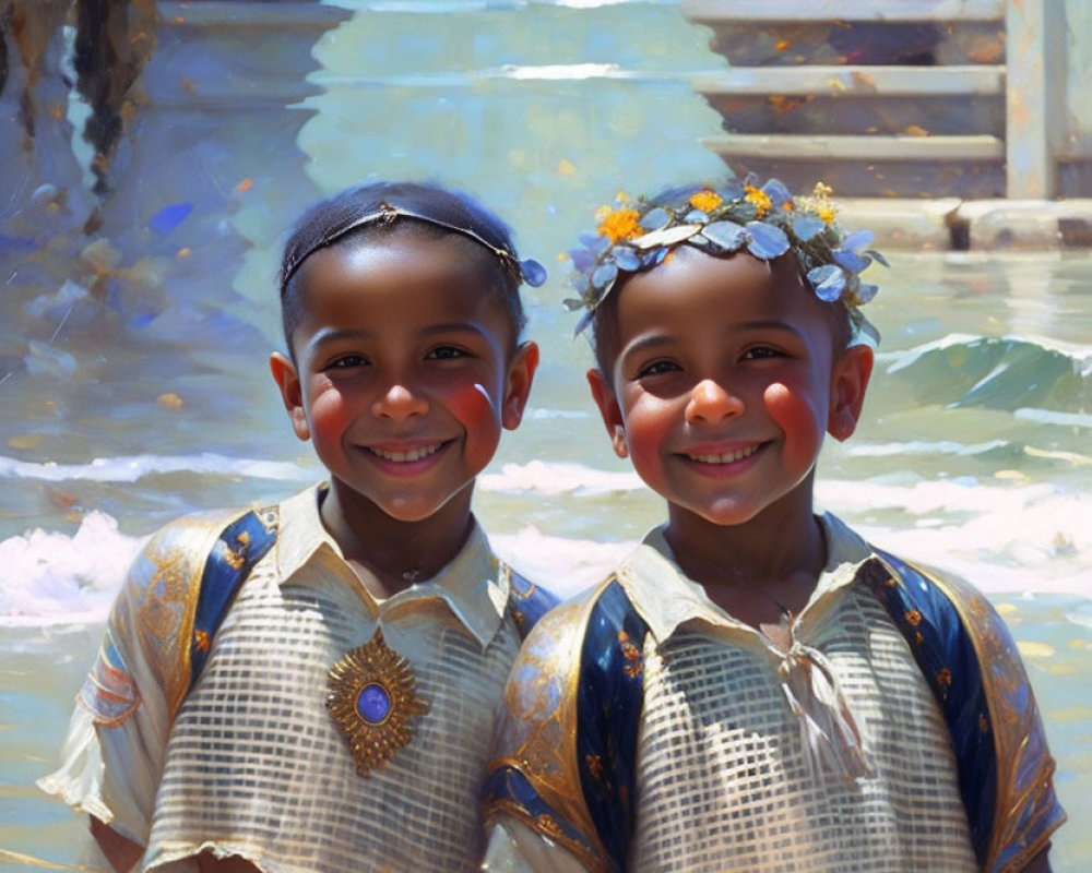 Smiling children in floral crowns by water feature