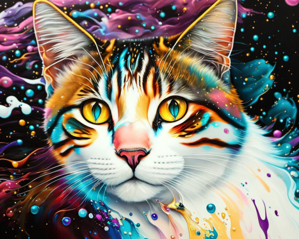 Colorful Cat Artwork with Yellow Eyes and Cosmic Patterns