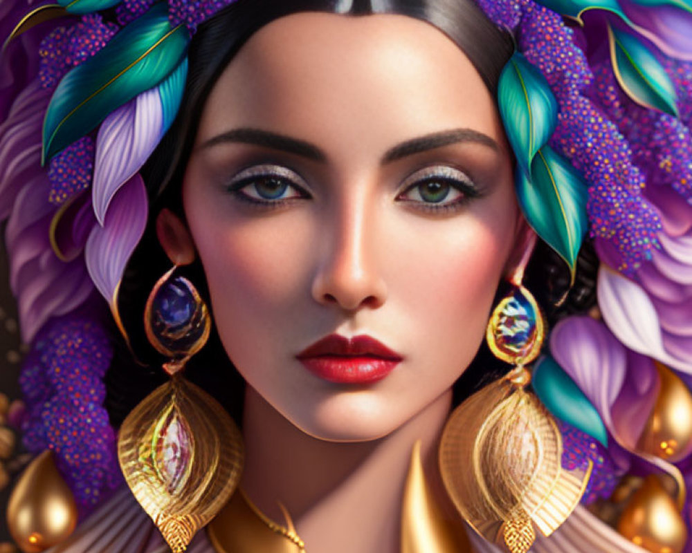 Vibrant digital artwork of woman with golden jewelry and colorful headdress