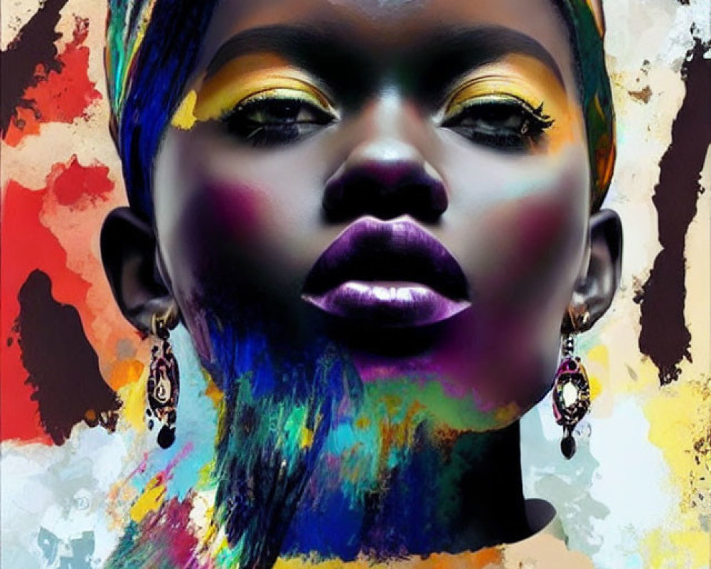 Colorful portrait of woman with paint strokes, headscarf, bold makeup