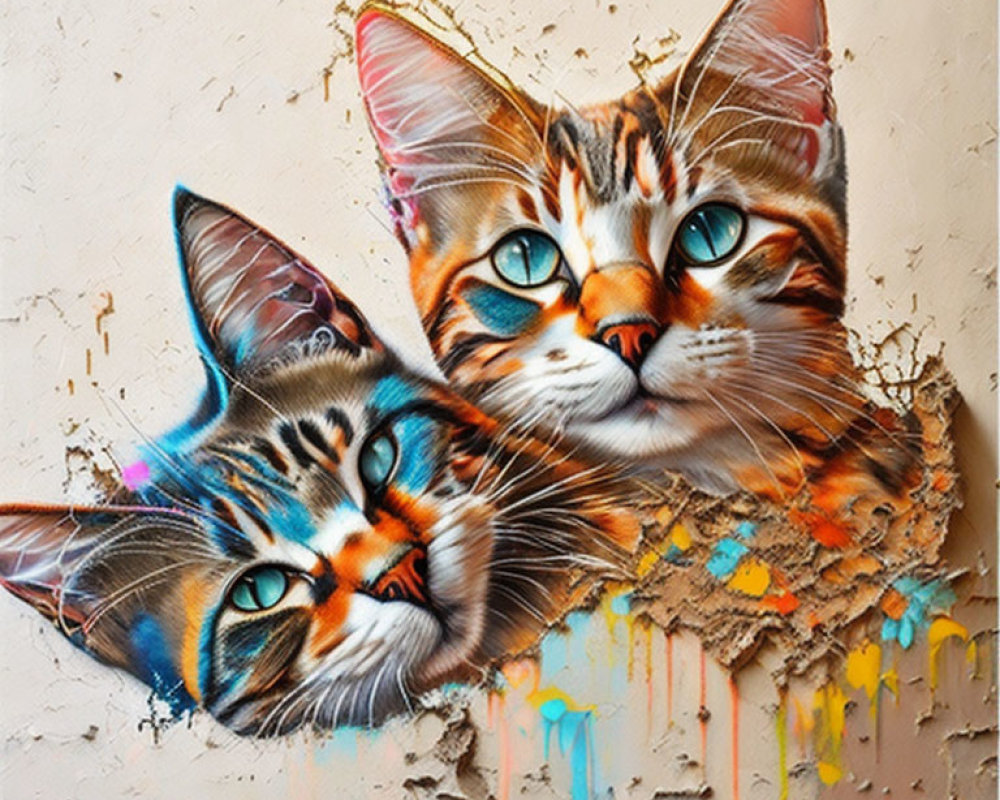 Colorful Street Art: Two Cats with Blue Eyes on Textured Wall