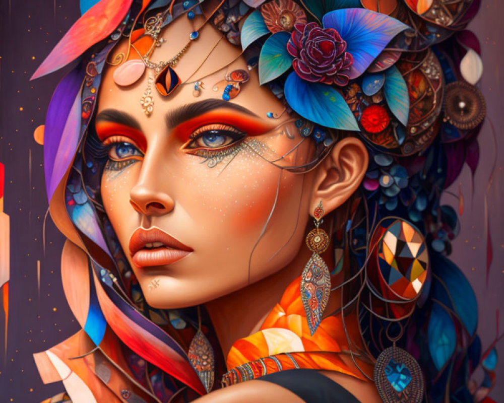 Vibrant artistic portrait of a woman with elaborate headpiece and vibrant makeup