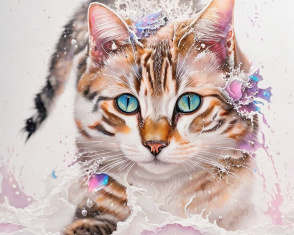 Blue-eyed cat splashed with water and frozen droplets portrait.