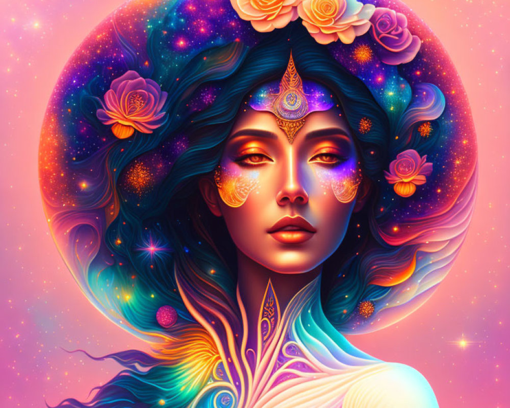 Colorful Artwork: Woman with Galaxy Hair and Cosmic Background