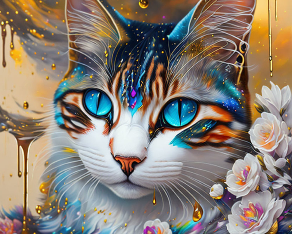 Colorful digital artwork of a cat with blue eyes and cosmic patterns in a floral setting.