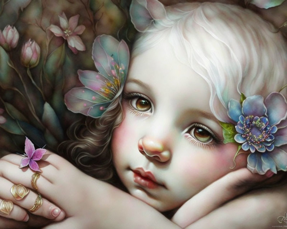 Digital painting of young girl with expressive eyes and floral hair adornments.