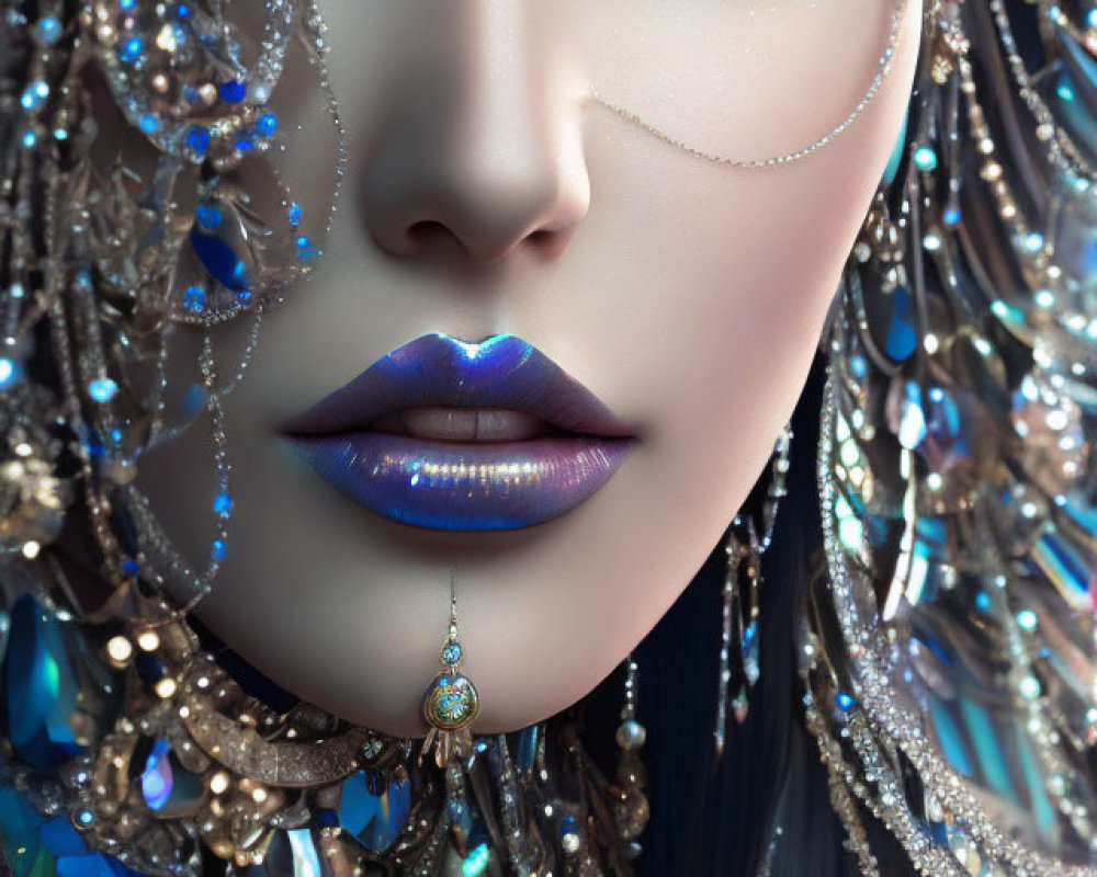 Close-up of woman in blue and gold jewelry with striking makeup.