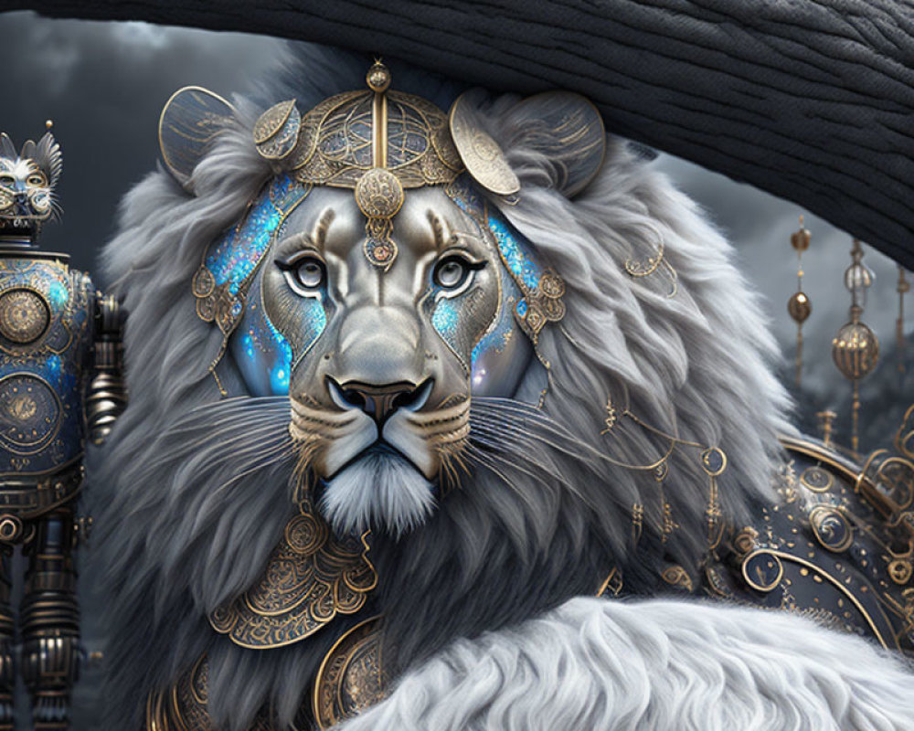 White lion with golden armor and blue markings on dark background