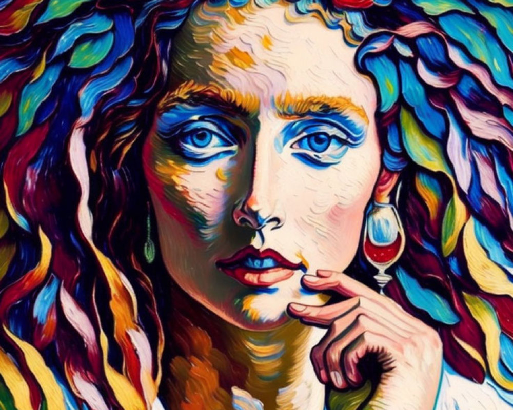 Vibrant abstract portrait with wavy hair and blue eyes