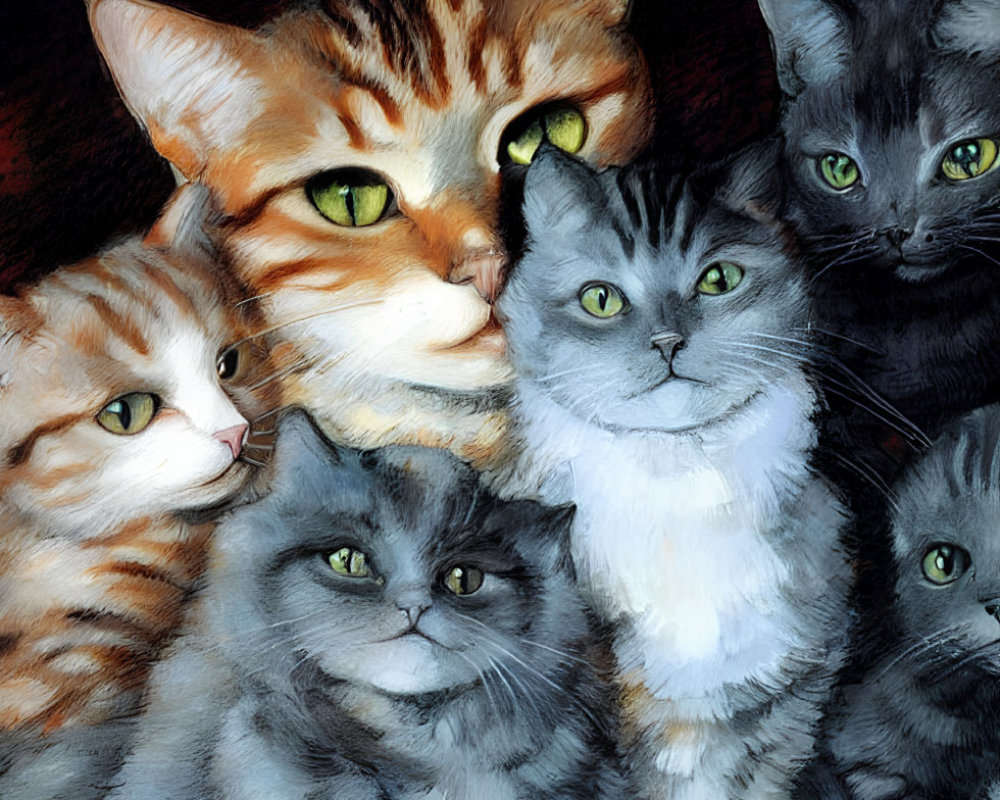 Five Cats with Different Fur Patterns and Green Eyes Huddled Together