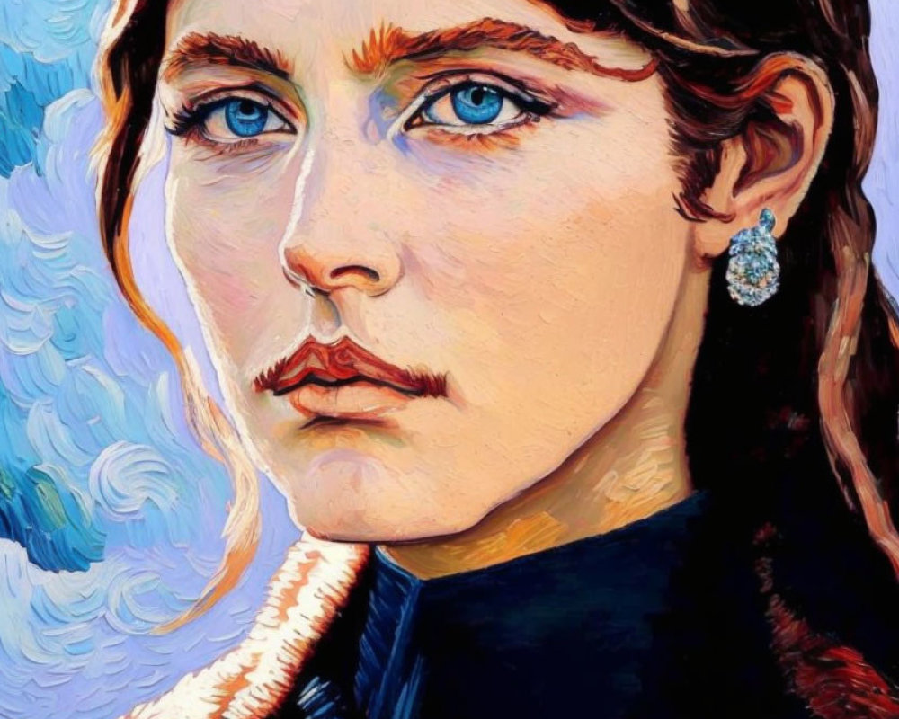 Vibrant portrait of young woman with blue eyes and earring on swirling blue backdrop