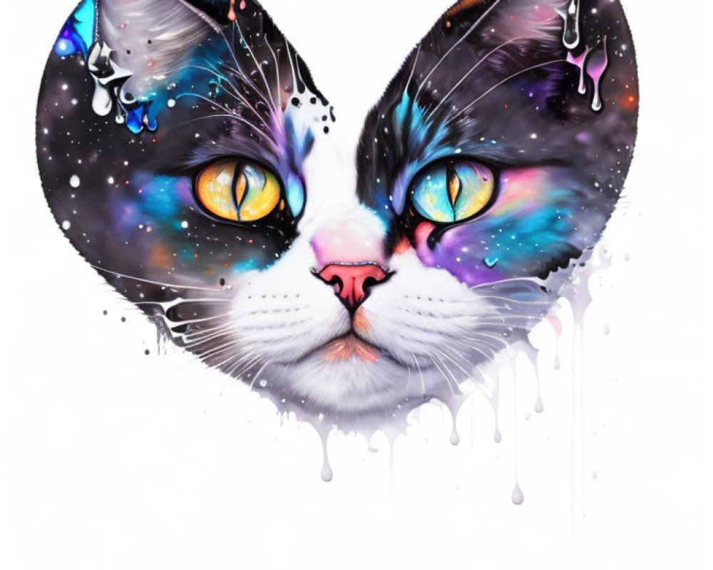 Colorful Cosmic Cat Art with Dripping Paint Effect