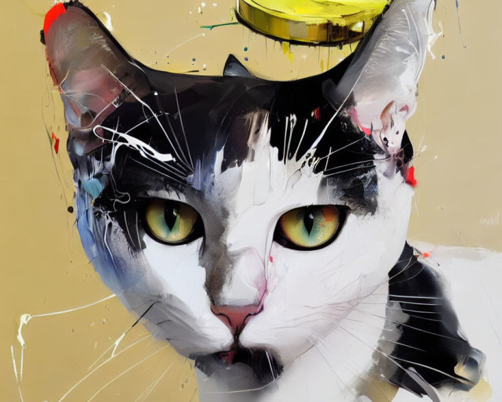 Vibrant painting of black and white cat with yellow eyes and abstract colorful splashes