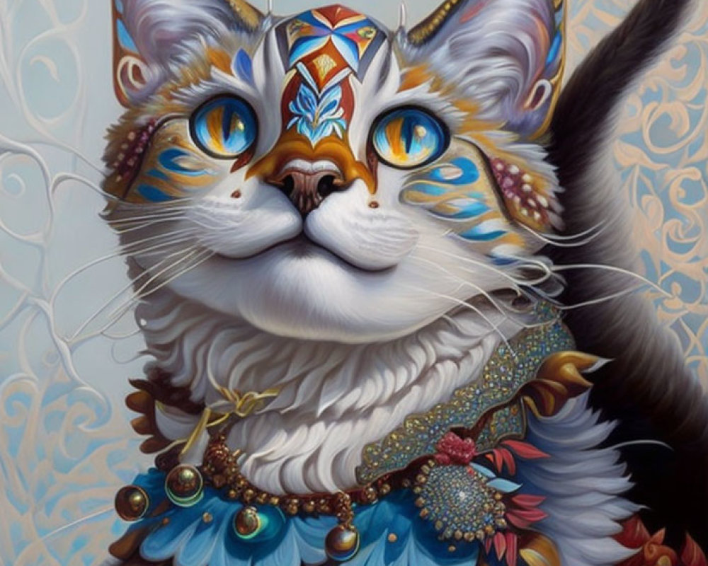 Detailed illustration of majestic cat with blue eyes, tribal facial markings, jeweled collar, and scarf