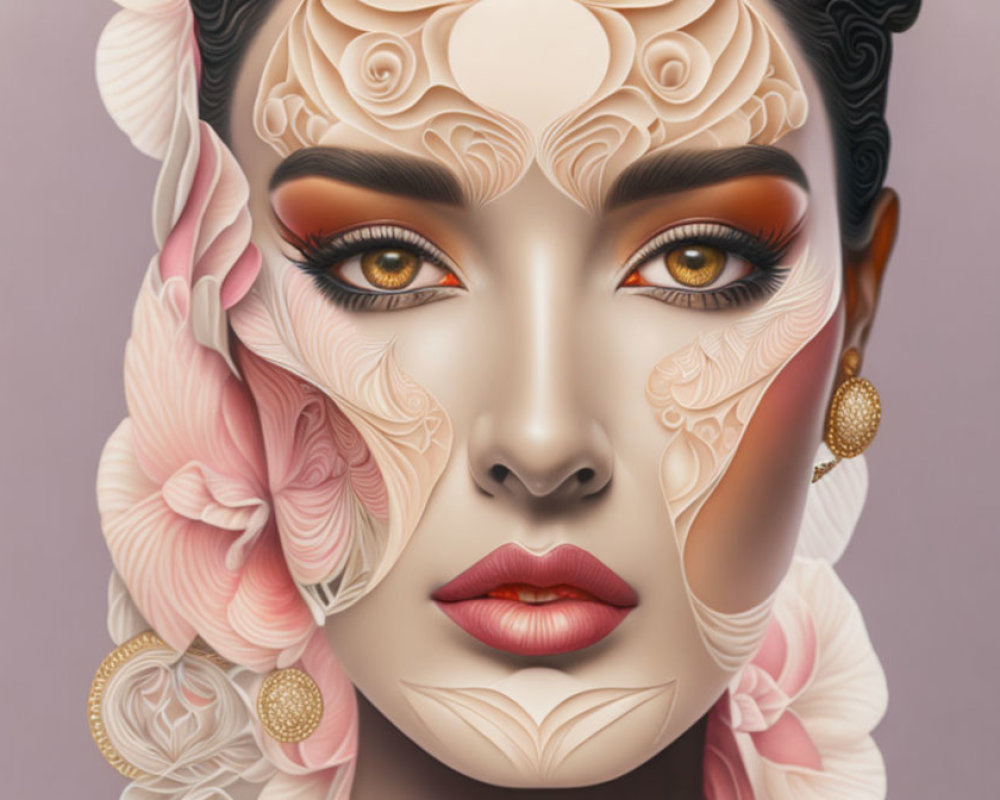 Digital art portrait of woman with floral face designs, amber eyes, red lips, gold earrings