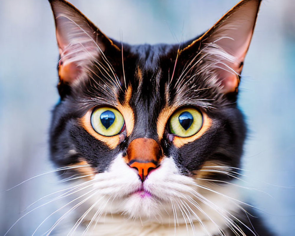 Striking amber-eyed black and white cat on blurred blue backdrop