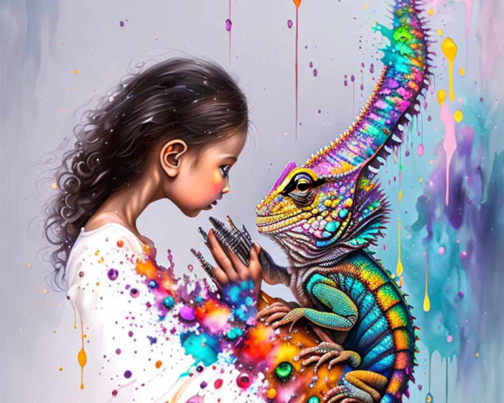 Young girl with wavy hair and vibrant chameleon in splattered paint background.