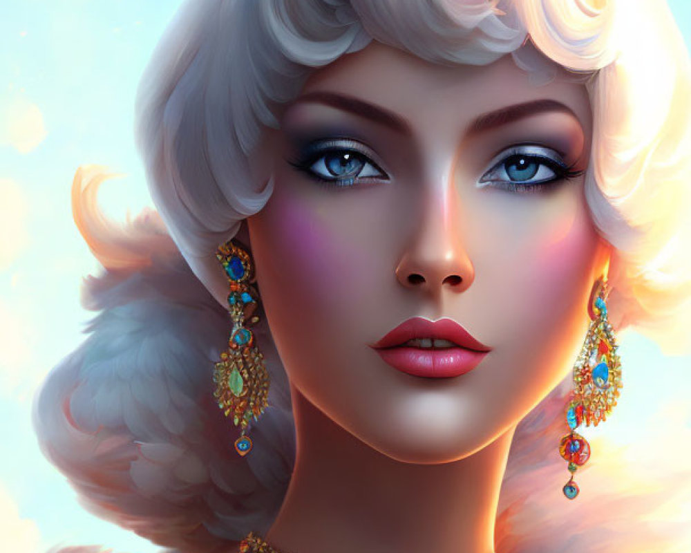 Digital artwork: Pale-skinned woman with blue eyes, platinum blonde hair, ornate gold attire