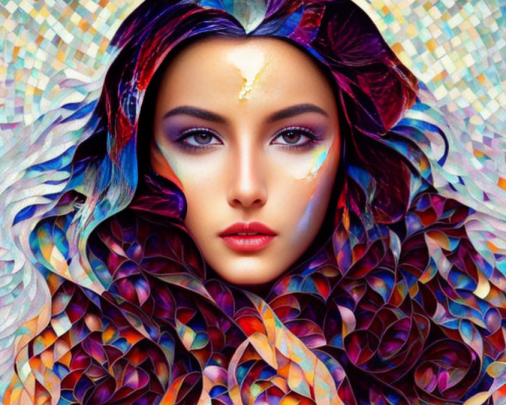 Colorful mosaic hair and painted face in vibrant artwork