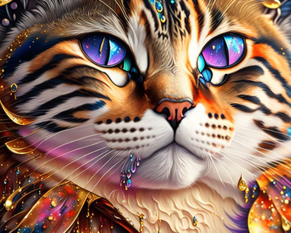 Fantastical Cat with Vibrant Colors and Luminous Blue Eyes