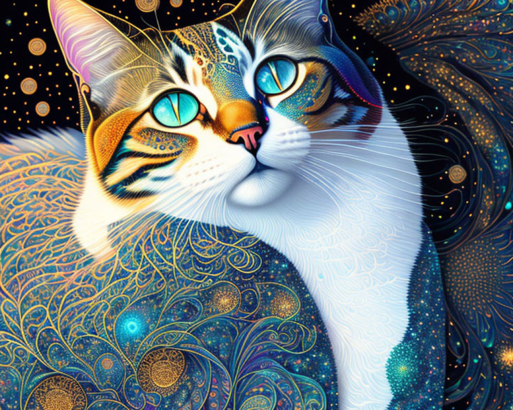 Colorful Digital Artwork: Intricate Cat Design with Celestial Background