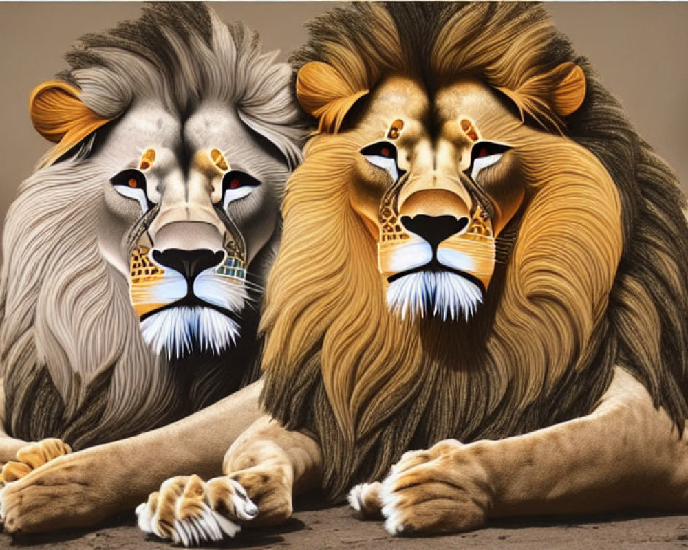 Stylized lions with human-like faces and intricate patterns resting together