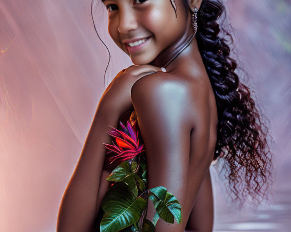 Young girl with gentle smile and red flower in hair against soft-lit backdrop