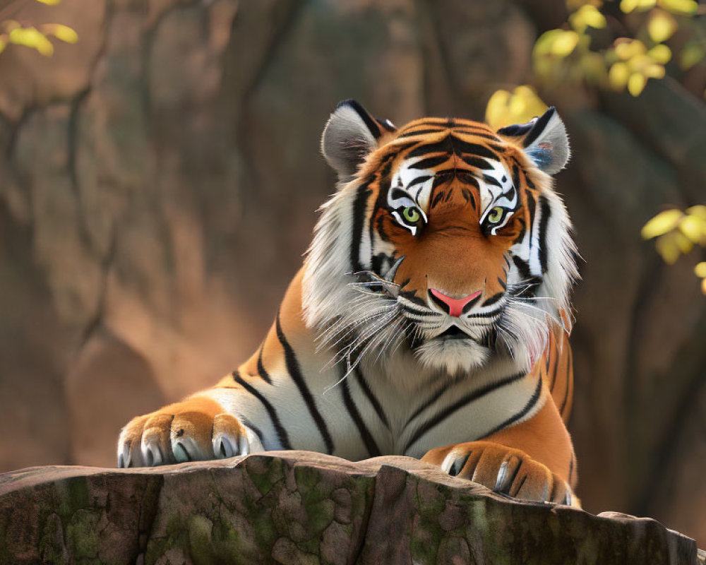 Majestic tiger resting on rock under sunlight and foliage