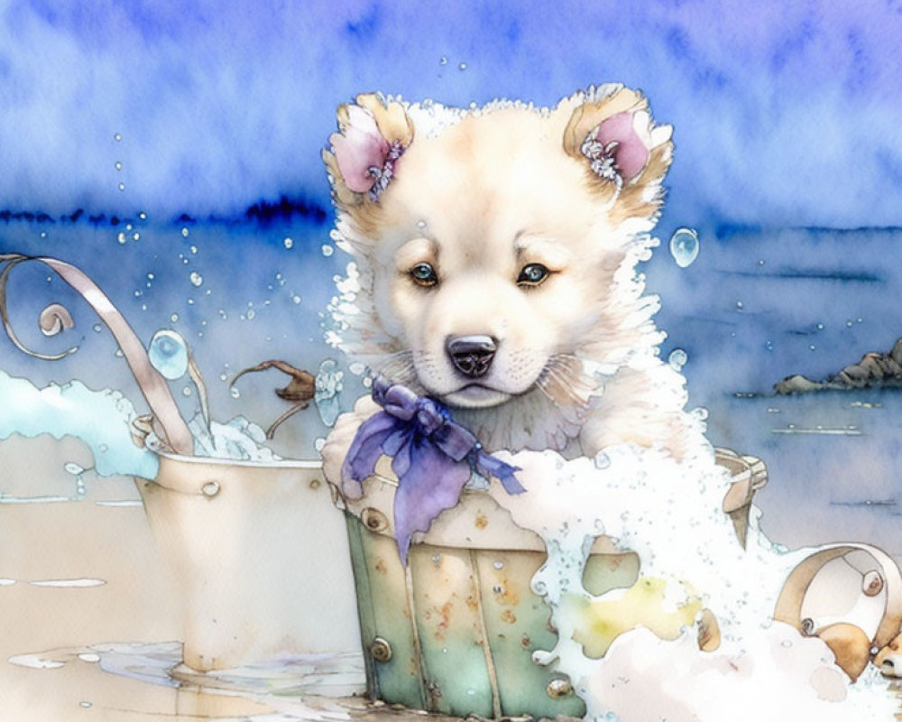 Fluffy puppy bathing in a bucket with rubber duck and spilled water can