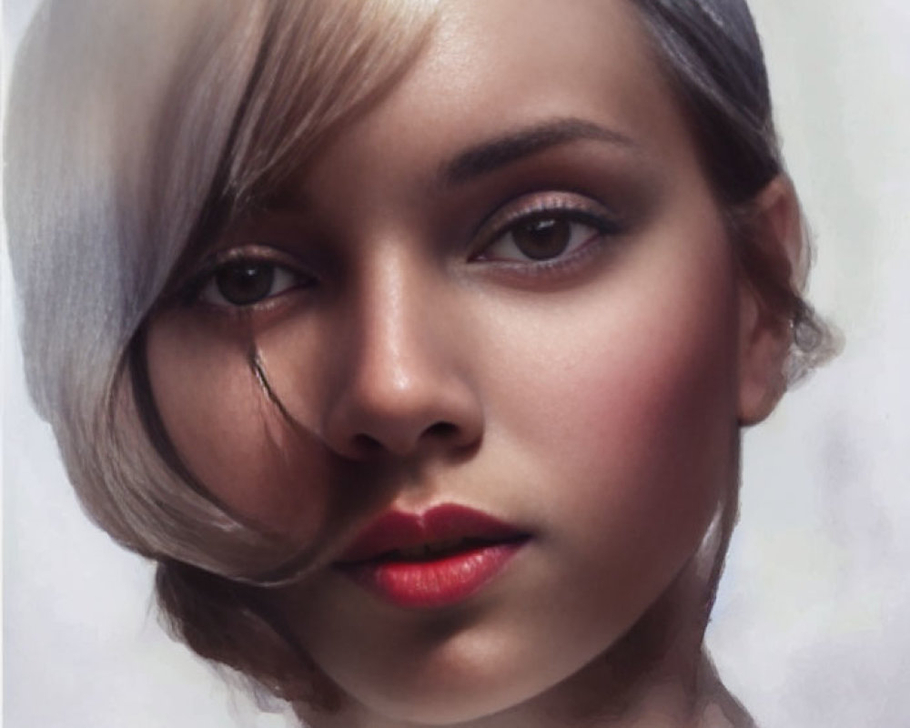 Silver-grey bob hairstyle, red lipstick, and rosy cheeks portrait.