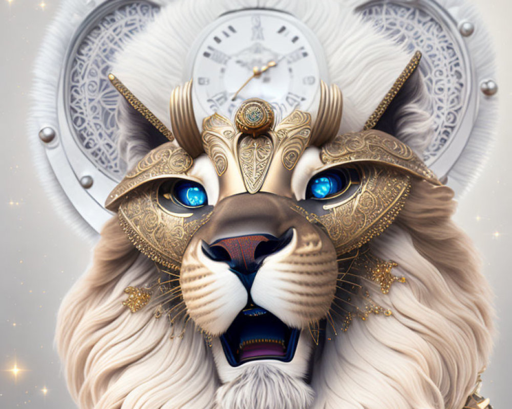 Digital artwork: Lion face merged with clock and jewelry elements