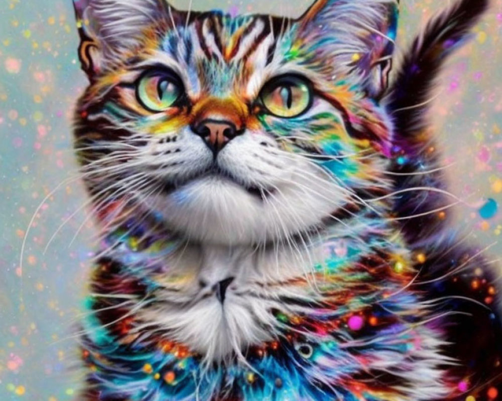 Vivid multicolored cat illustration on glittery background