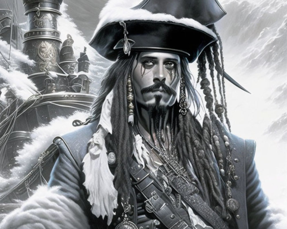 Illustration of pirate captain with tricorne hat and dreadlocks in snowy setting