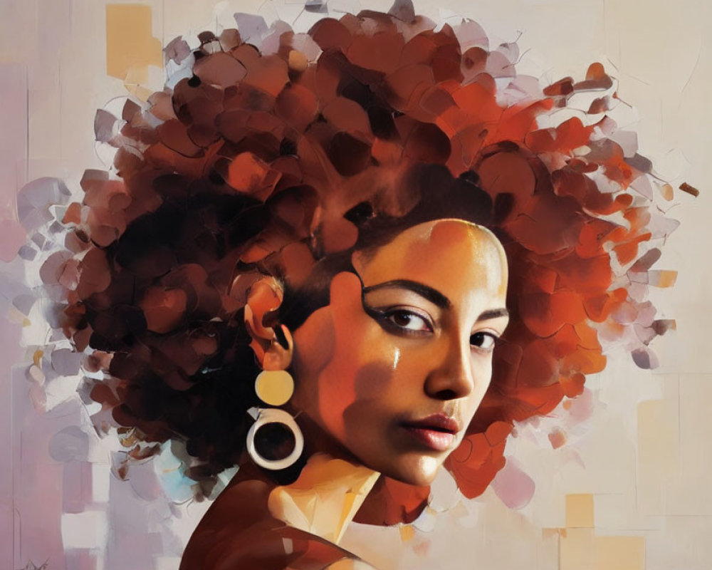 Portrait of woman with voluminous afro in shades of brown and red