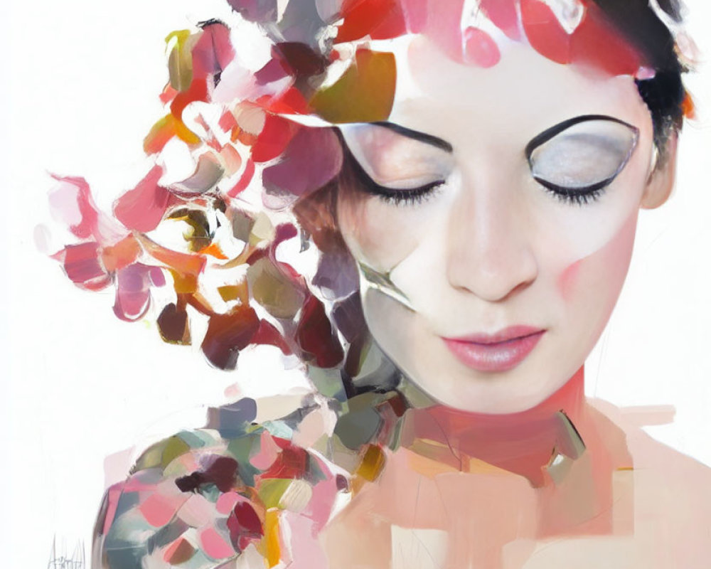 Colorful abstract brushstrokes blend with woman's face in artistic depiction