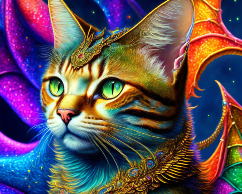 Majestic cat with dragon-like wings in fantasy illustration