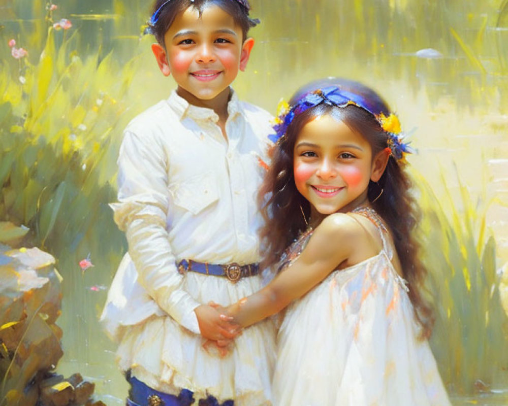 Children in vintage attire holding hands by sunlit pond with flower-adorned hair