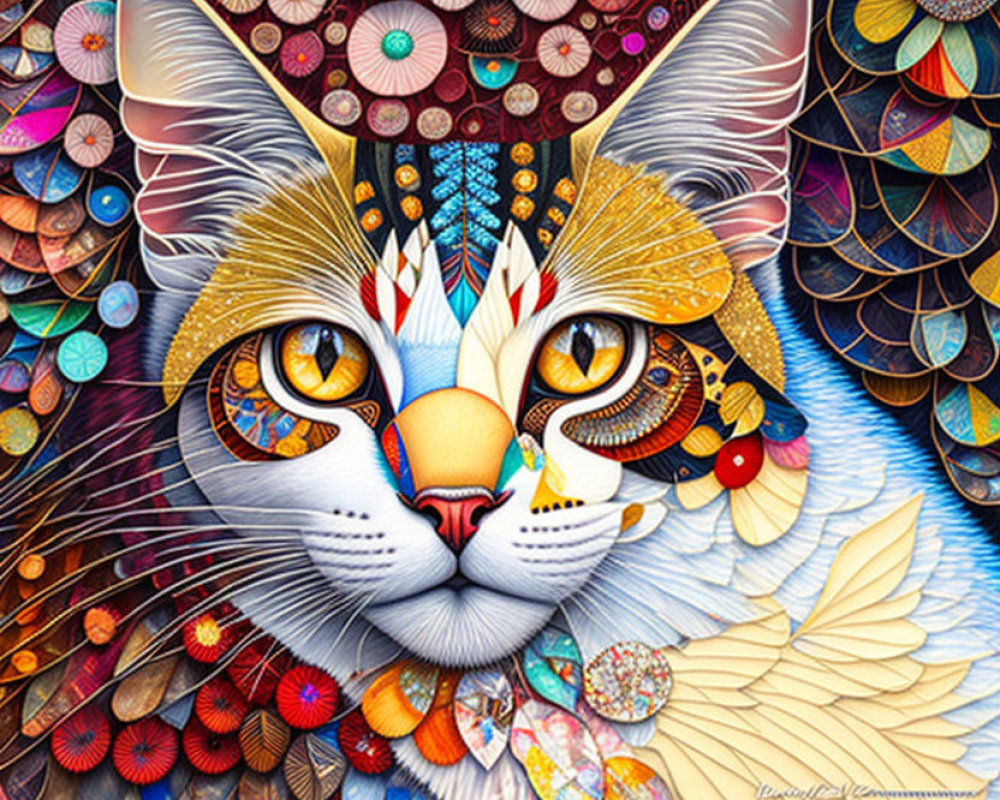 Colorful Cat Illustration with Mosaic-Inspired Patterns